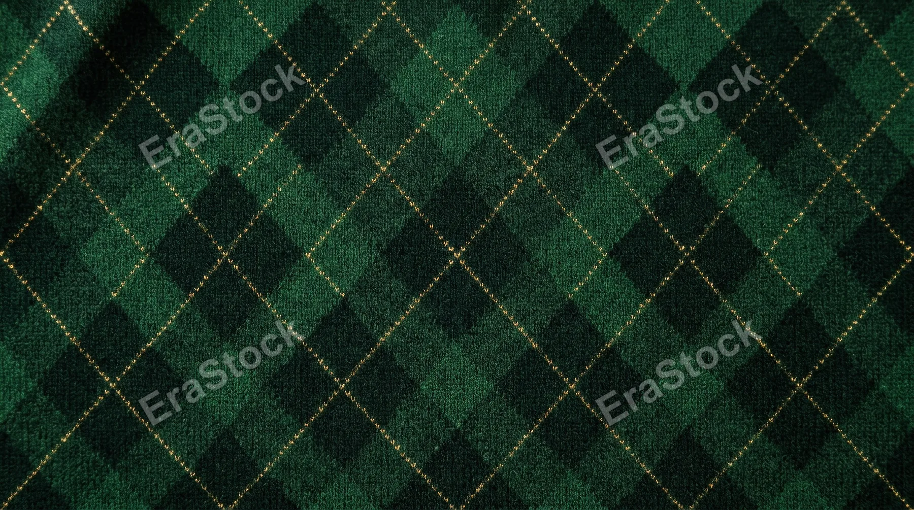 A dark green argyle pattern with thin golden dotted lines, vivid geometric repetition, refined textile atmosphere, ultra-realistic, no logos.