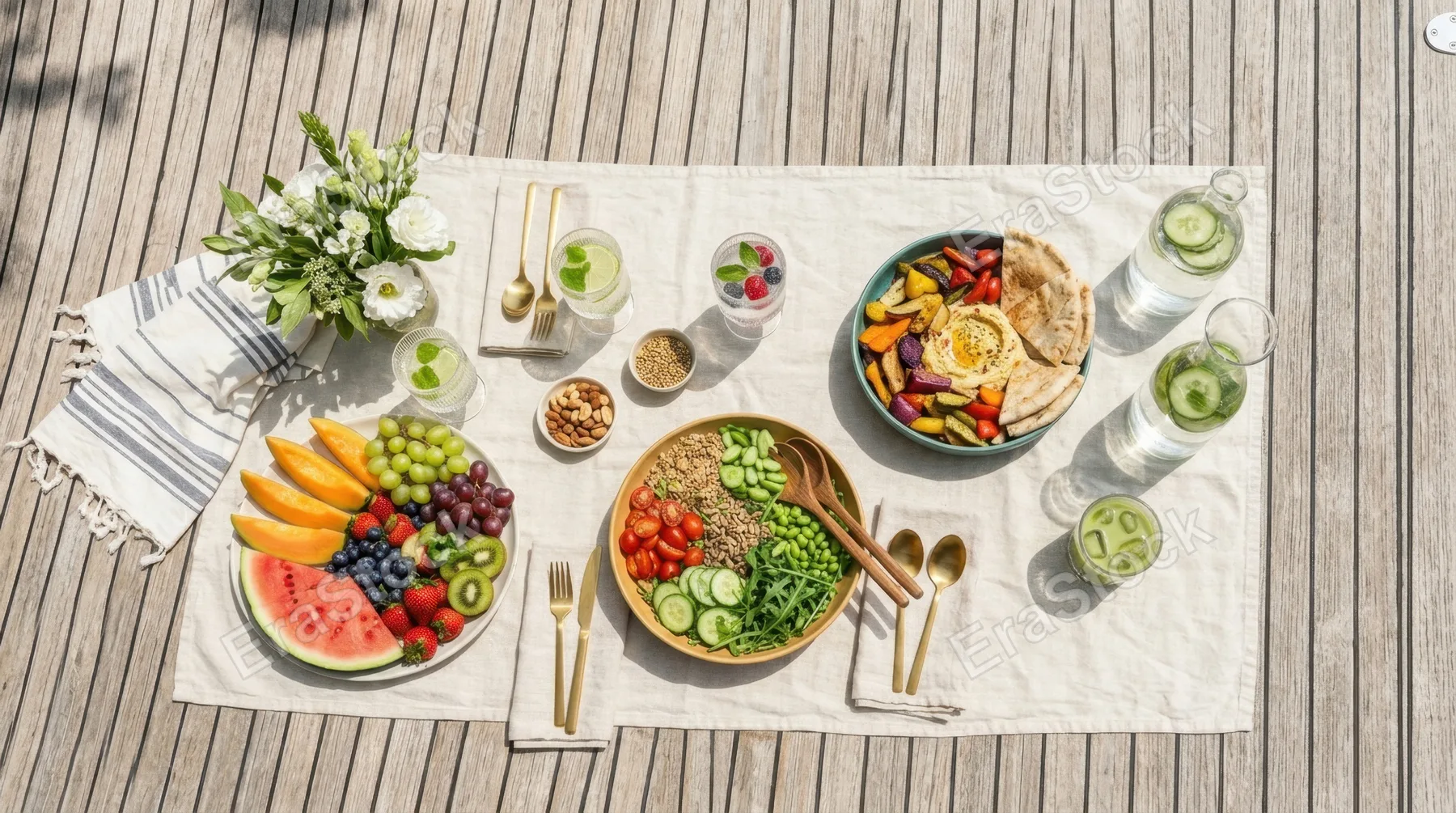 a bold overhead shot of the picnic spread on the boat deck showcasing vibrant fruits, fresh salads, and elegant beverages in glassware, all arranged to create generous