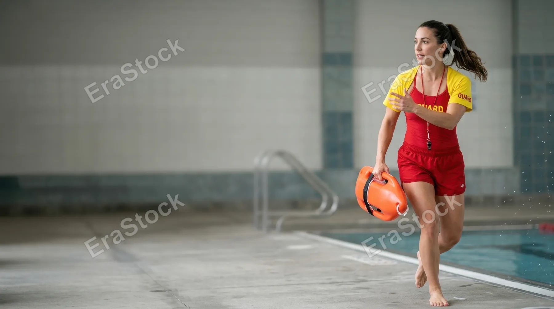 a graphic commercial shot featuring the lifeguard instructor in action, framed boldly to highlight her movements along with generous negative space around her. the