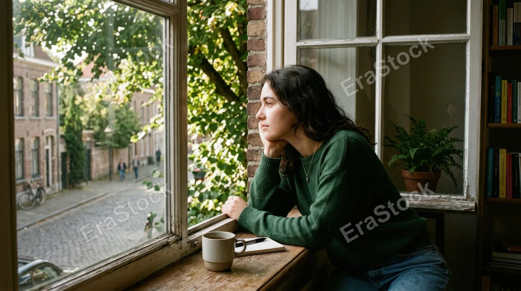 A thoughtful young person leaning on a windowsill, watching the world outside, soft sunlight through nearby leaves, quiet reflective atmosphere, ultra-realistic, no logos.