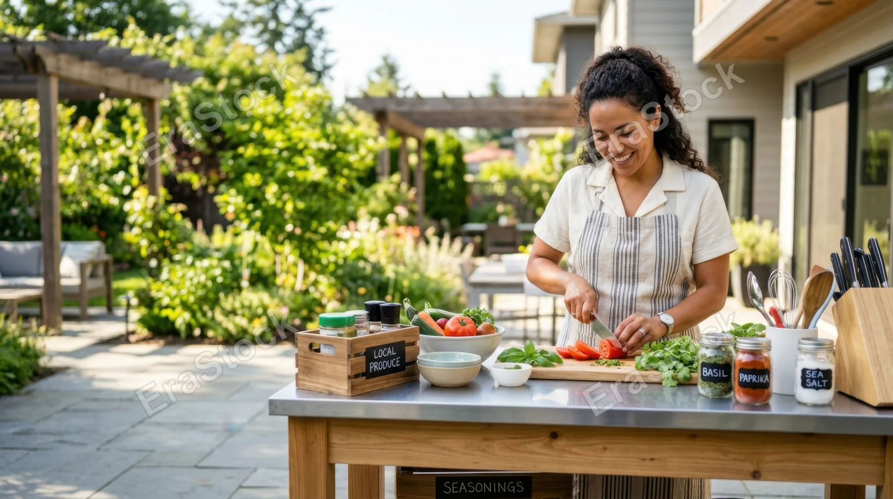 a graphic commercial composition of the modern kitchen island in the bright suburban backyard, with a generous negative space surrounding the 30-year-old hispanic female