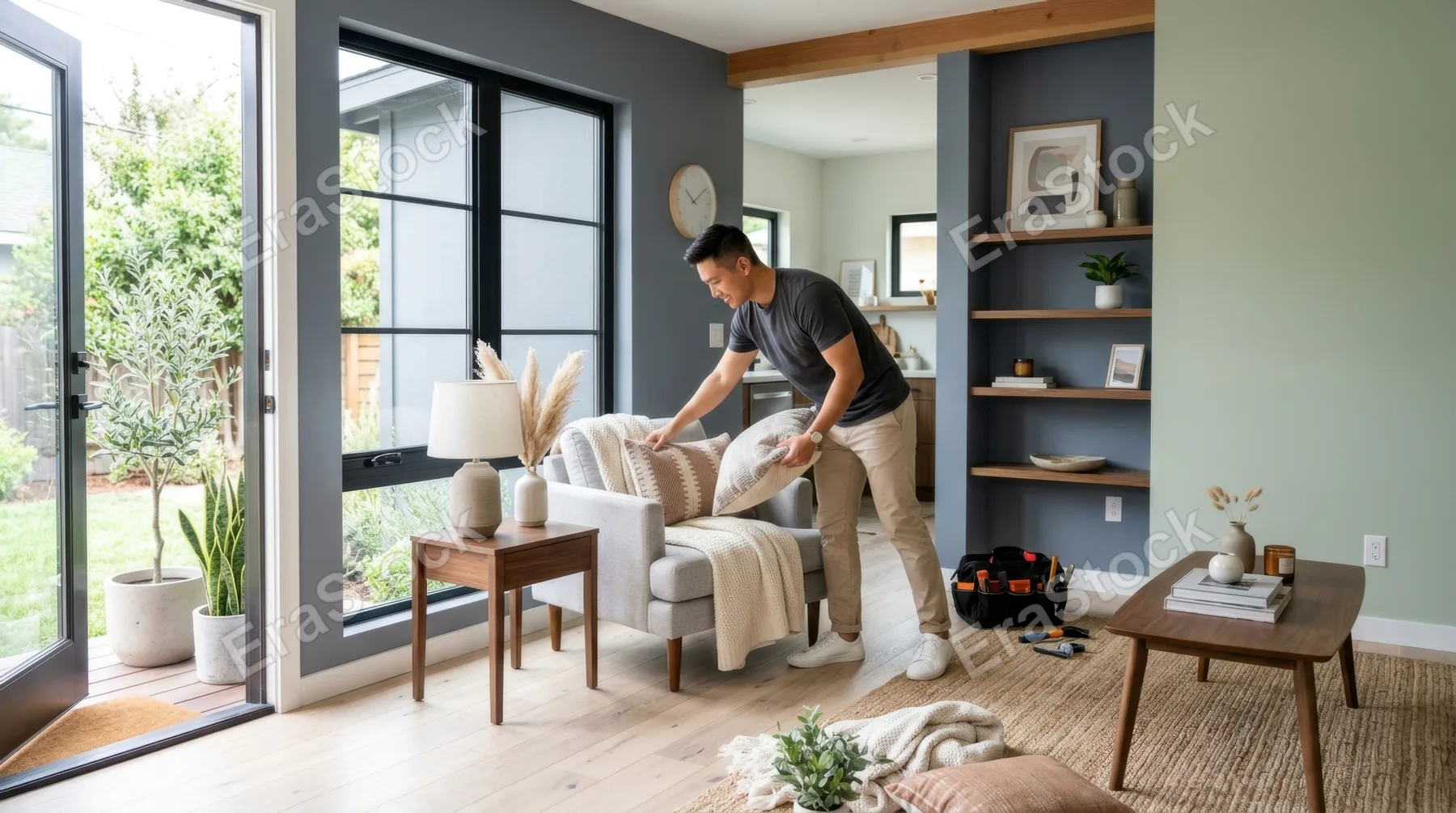 a 27-year-old asian male home stager is actively decorating an empty living room within a contemporary adu. the composition includes the welcoming door and surrounding