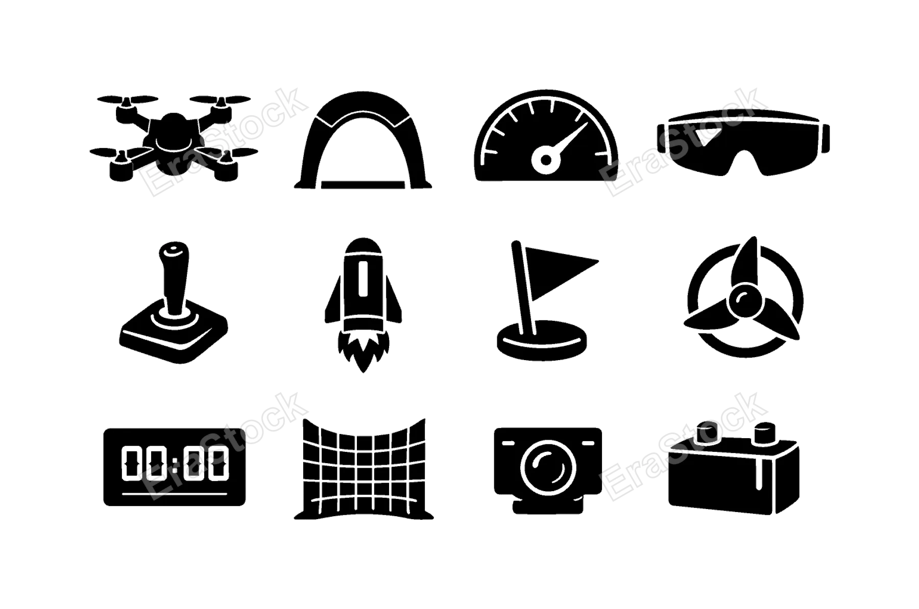 Futuristic drone racing: quadcopter, racing gate, speedometer, pilot goggles, control joystick, energy booster, holographic flag, turbo propeller, lap timer, safety net, drone