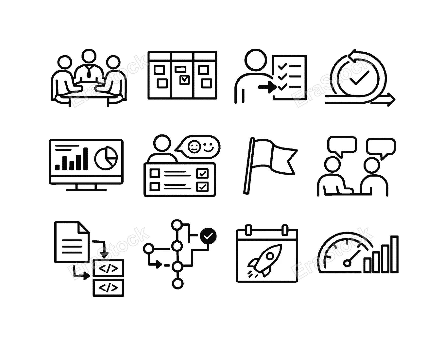 Product management and collaboration: team meeting, kanban board, task assignment, sprint cycle, analytics dashboard, user feedback form, priority flag, stakeholder