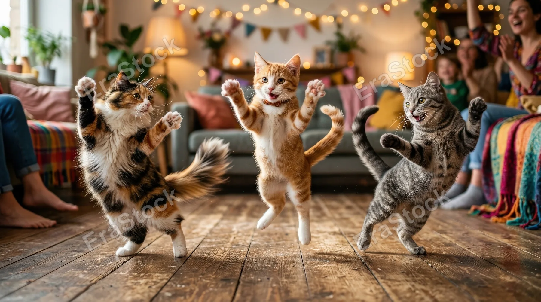 Three dancing cats mid-motion with lively paws and expressive tails, open playful space, whimsical joy and warm celebratory atmosphere, ultra-realistic, no logos.
