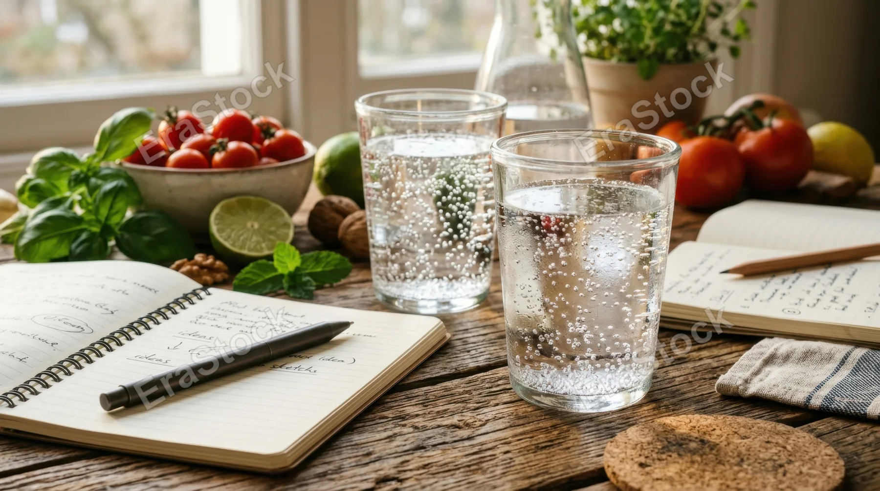 a close-up of clear glass tumblers filled with sparkling water, surrounded by open notebooks, pens, and fresh produce on a rustic wooden table. the warm sunlight casts