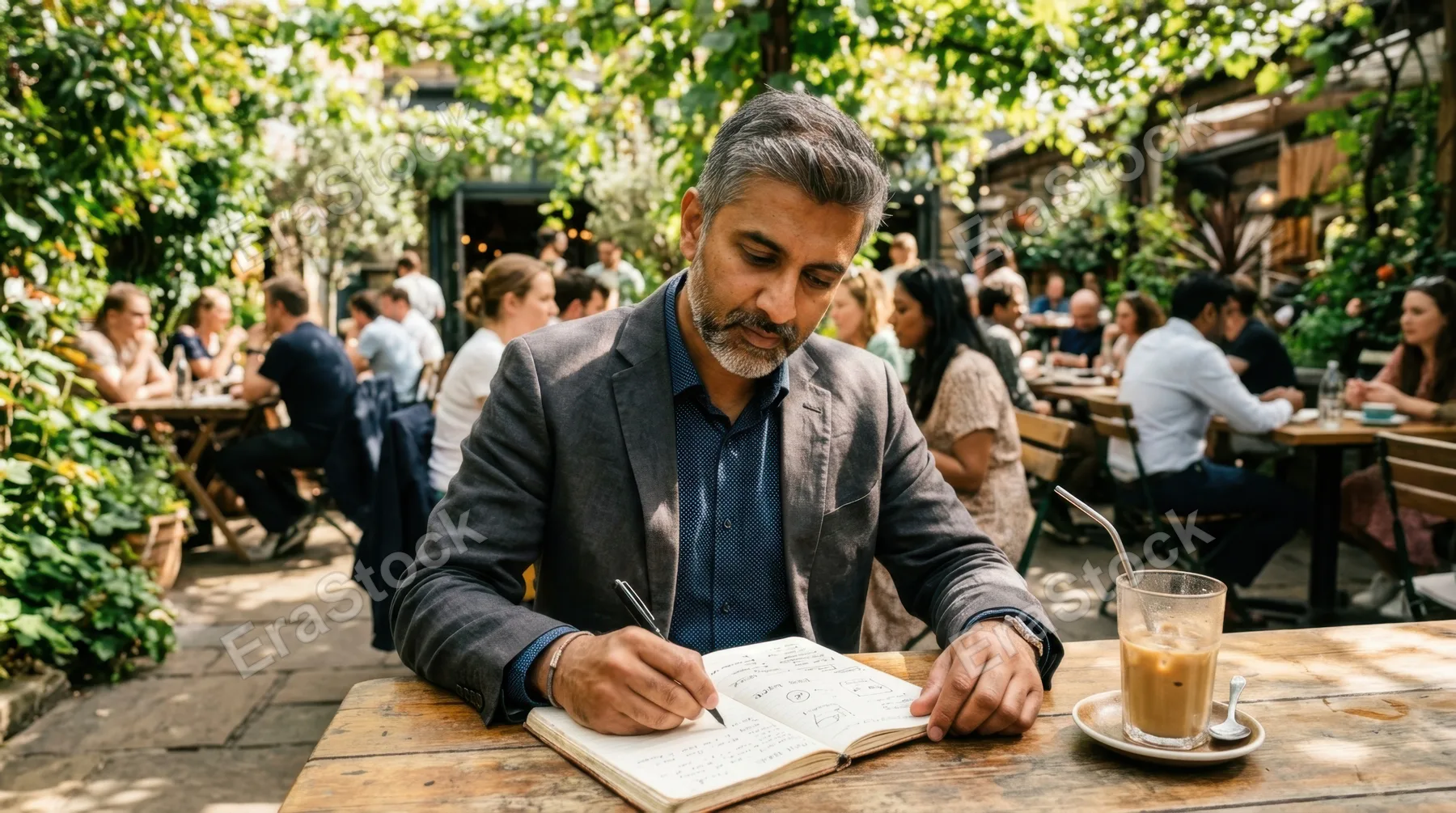a 45-year-old south asian male entrepreneur is seated at an outdoor cafe table, mapping out a pitch in a notepad. the lively cafescape around him is filled with people