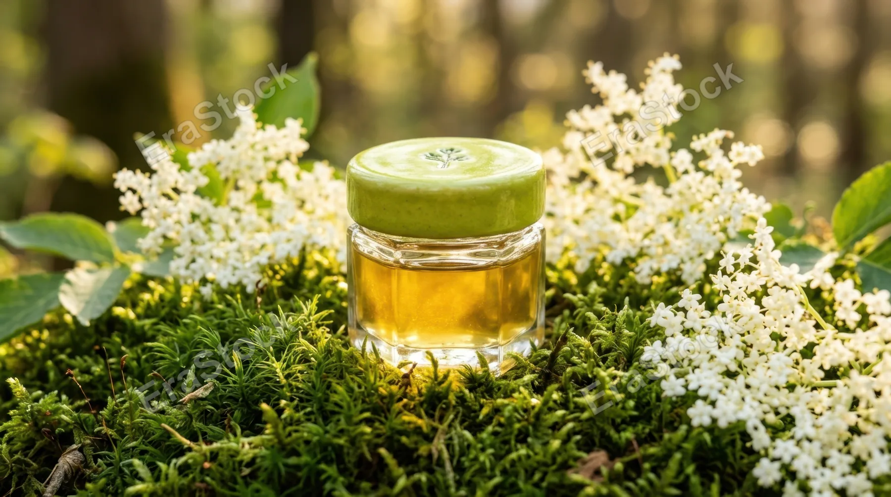 an intimate detail shot of a small cosmetic box resting on velvety green moss, framed by soft elderflower blooms. the focus highlights the vibrant yellow and zesty lime