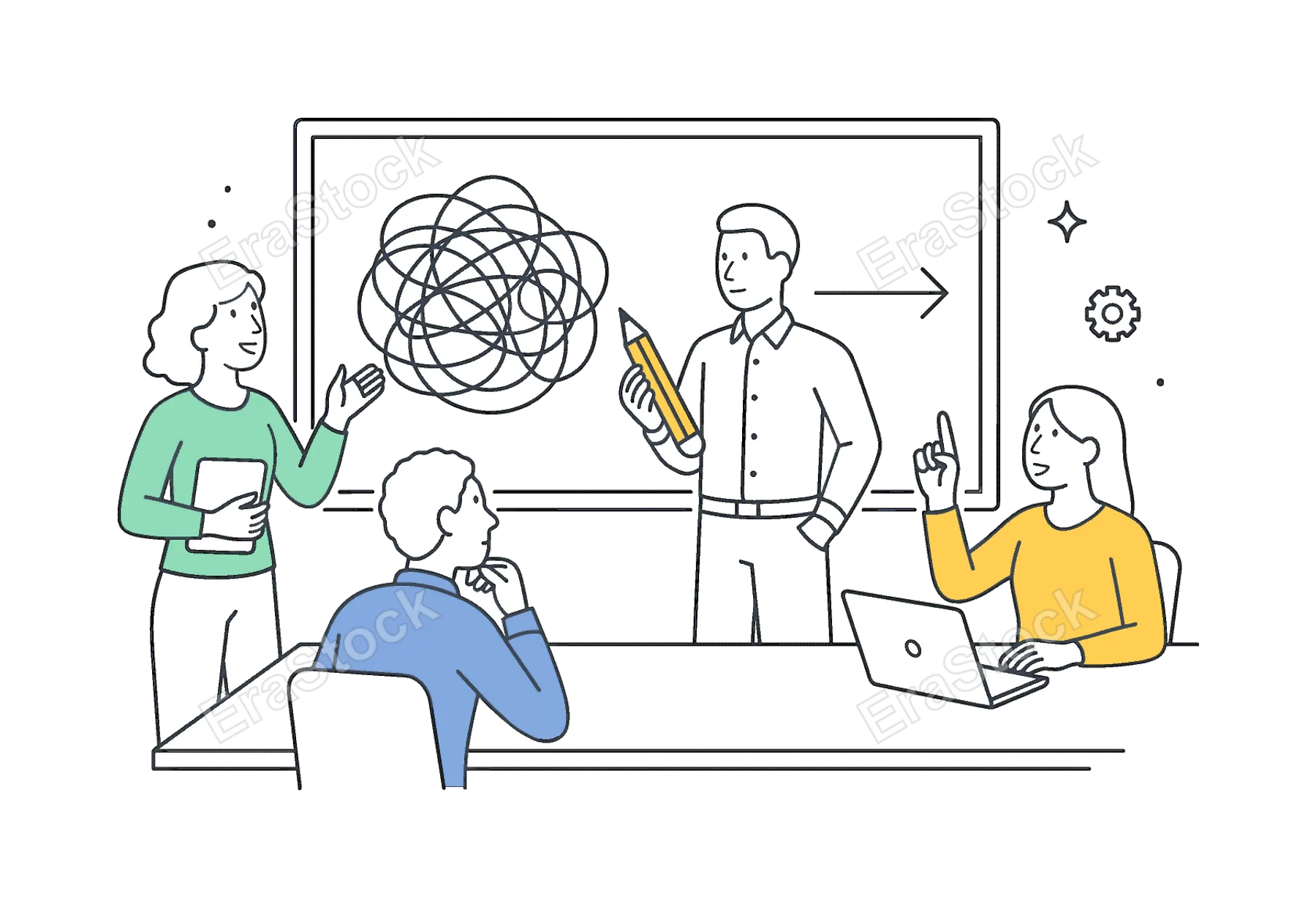 A clear process simplification scenario where a team reduces complexity and removes redundant steps during a planning session to improve efficiency, centered around a