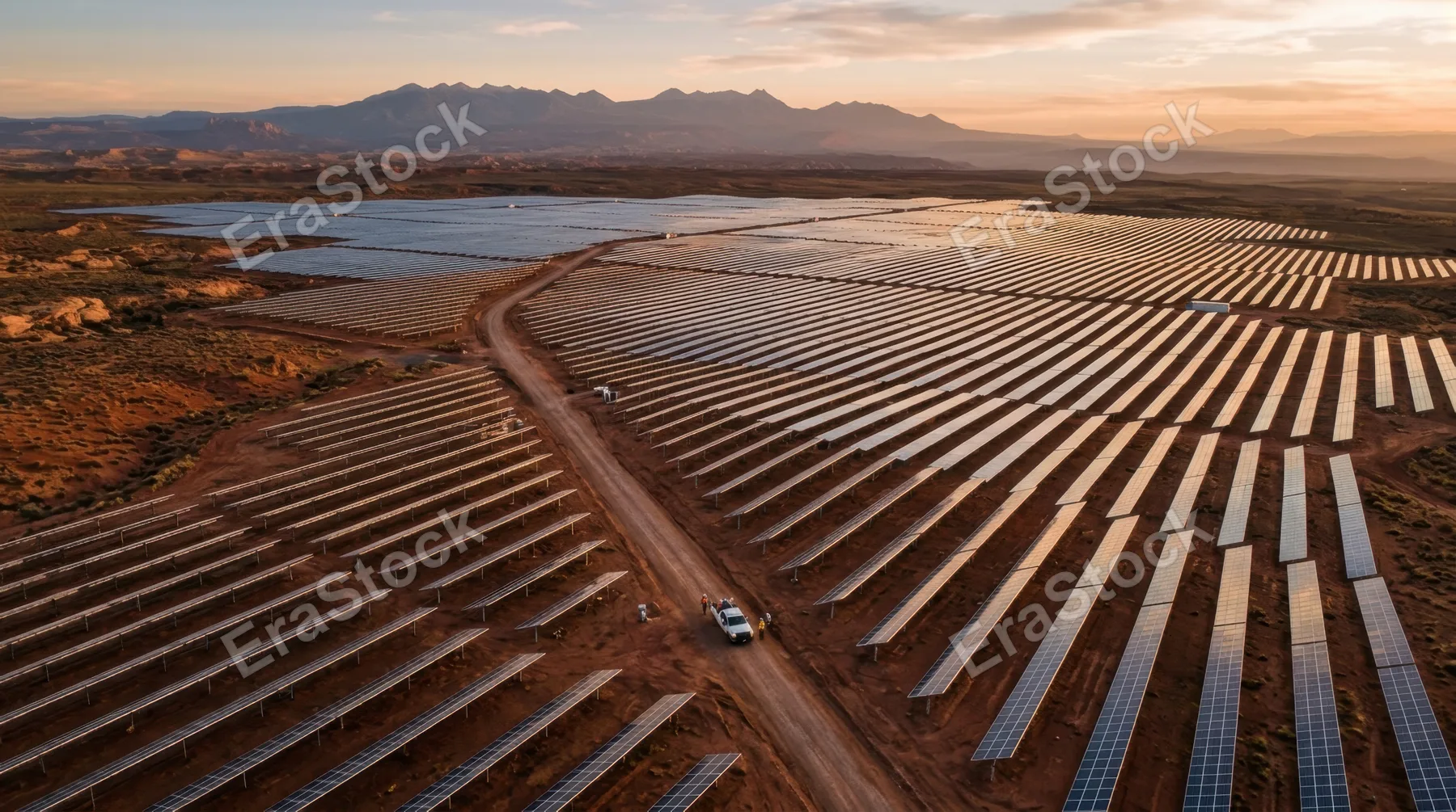 An overhead aerial view of a vast solar farm stretching across a red desert plateau at golden hour, thousands of mirrored panels arranged in perfect geometric grids