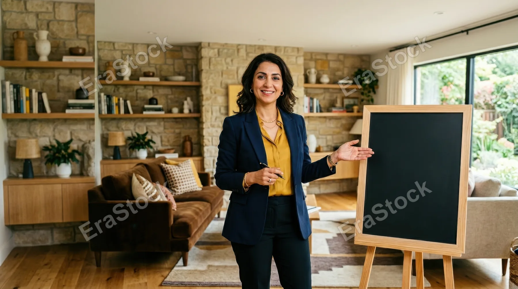 in a graphic commercial composition, the 40-year-old middle-eastern female interior designer stands center-frame in a bright living room, with an empty blank signboard