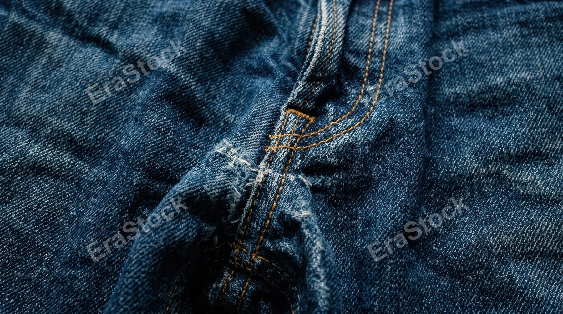 Crumpled blue denim texture filling the entire frame, deep indigo fabric with visible stitching and worn cotton fibers, natural creases and folds creating dramatic