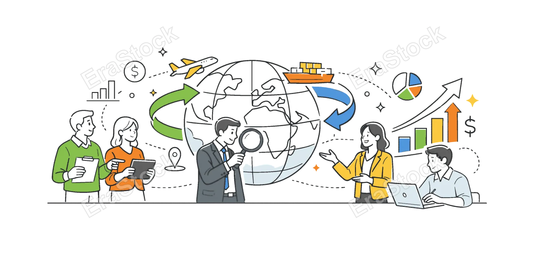 A worldwide economic development concept where professionals review international trade connections and financial flows across continents, expressed through a clear visual metaphor