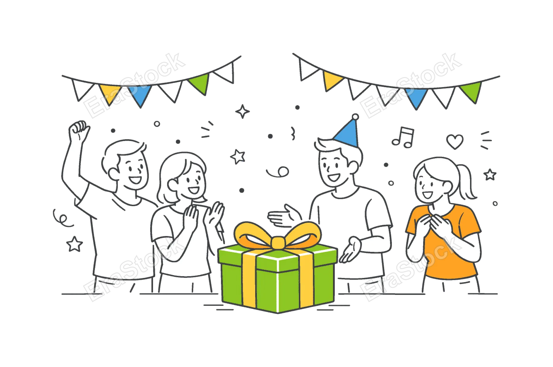 Festivity celebration in a community setting where people gather to enjoy a shared joyful event, represented by decorative banners and a simple gift box as the main