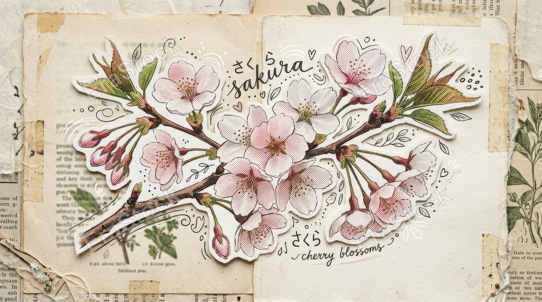A cherry blossom branch cutout with halftone dots and doodle accents, delicate sakura mood, soft spring elegance with nostalgic collage texture, ultra-realistic, no logos.