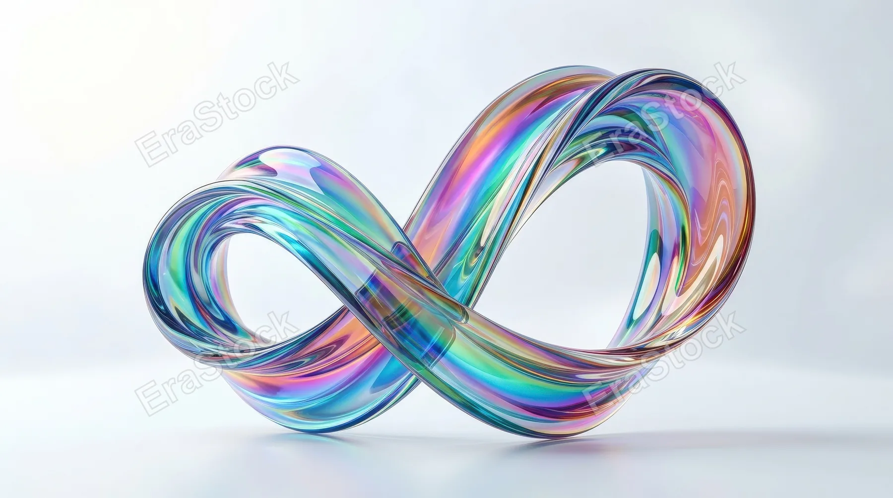 A colorful glass ribbon loop with curved flowing strip and rainbow iridescent texture, isolated on a bright backdrop, elegant poster-like abstraction, ultra-realistic, no logos.
