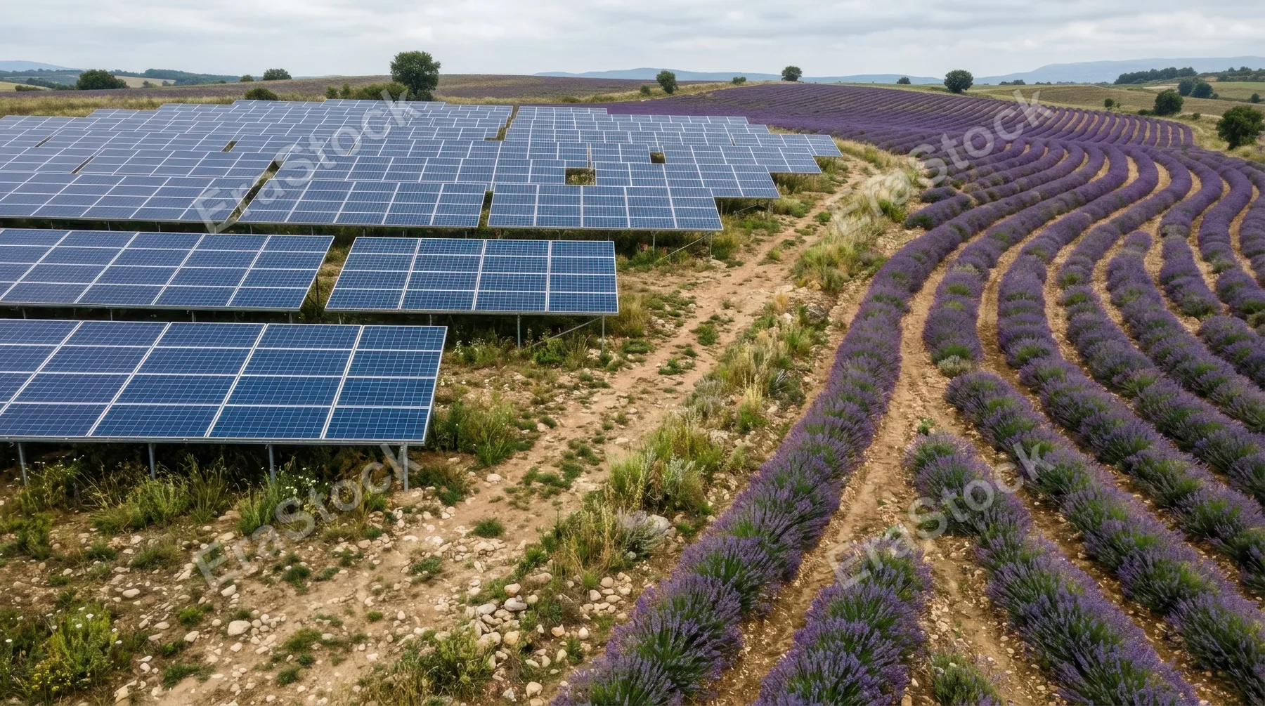 an overhead view of the solar panels against the backdrop of the lavender fields, capturing the interplay of natural elements like soft grass and scattered stones below