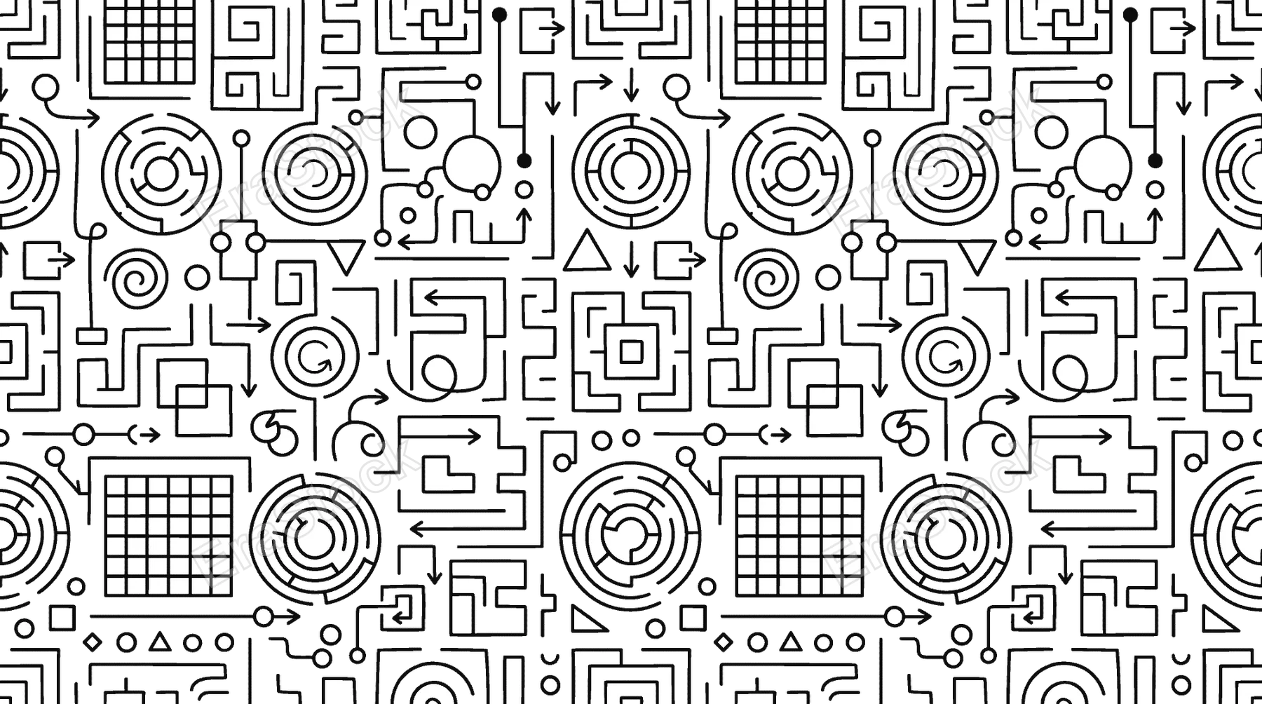 Minimal abstract maze and puzzle pattern theme with structured design feel, doodle objects including maze paths, labyrinth lines, square grids, circular maze, arrows, entry points,