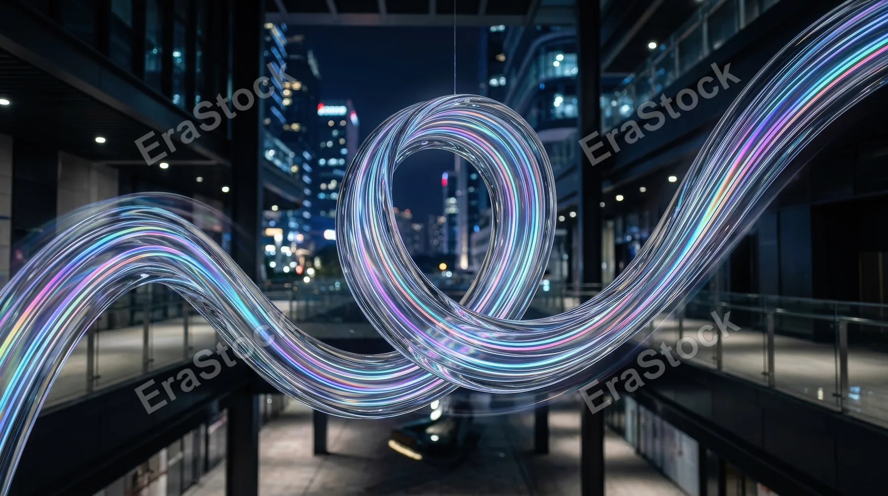 A dynamic glass ribbon with holographic gradient stripes, curved fluid movement, glossy transparency and futuristic design energy, ultra-realistic, no logos.