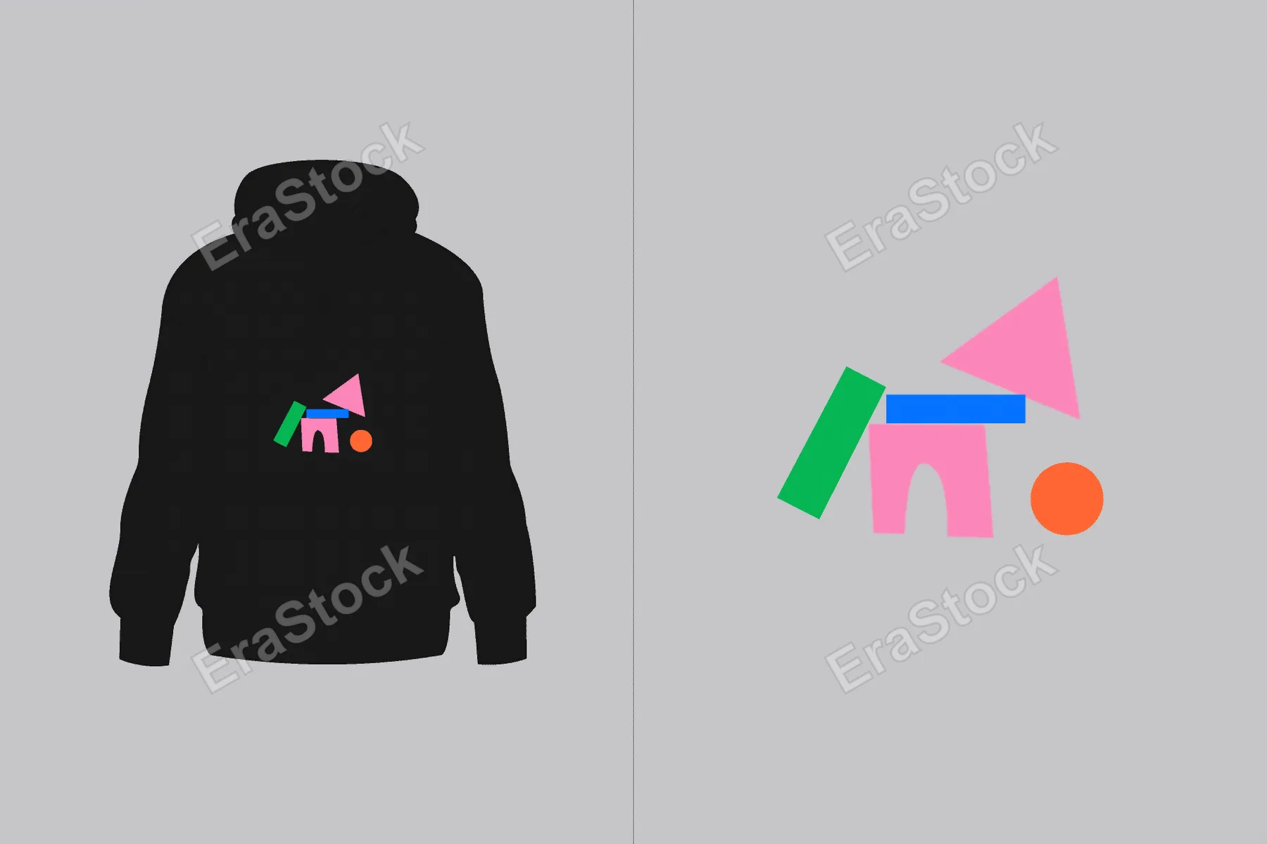A black hooded sweatshirt featuring a colorful abstract geometric logo on the chest, displayed alongside the logo elements