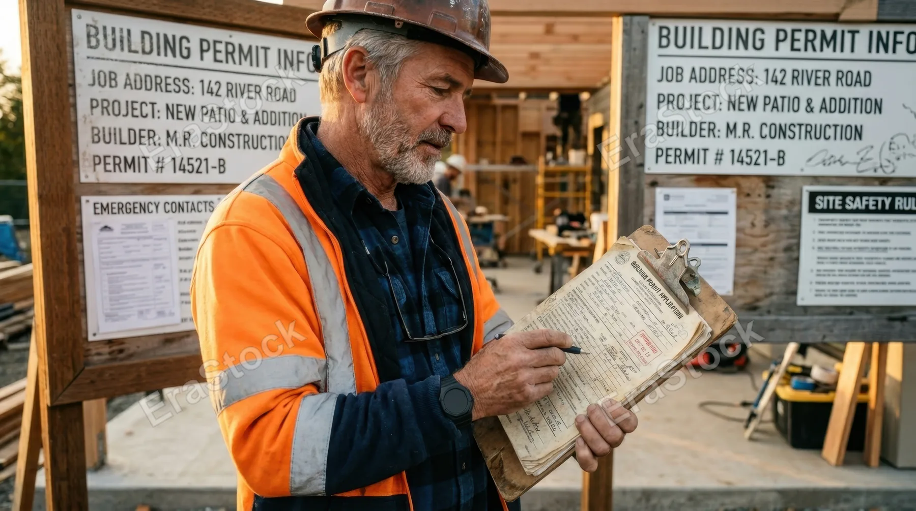 a close-up of the 55-year-old caucasian male builder as he reviews the permit board, clipboard in hand. the texture of the clipboard document is highlighted, against the
