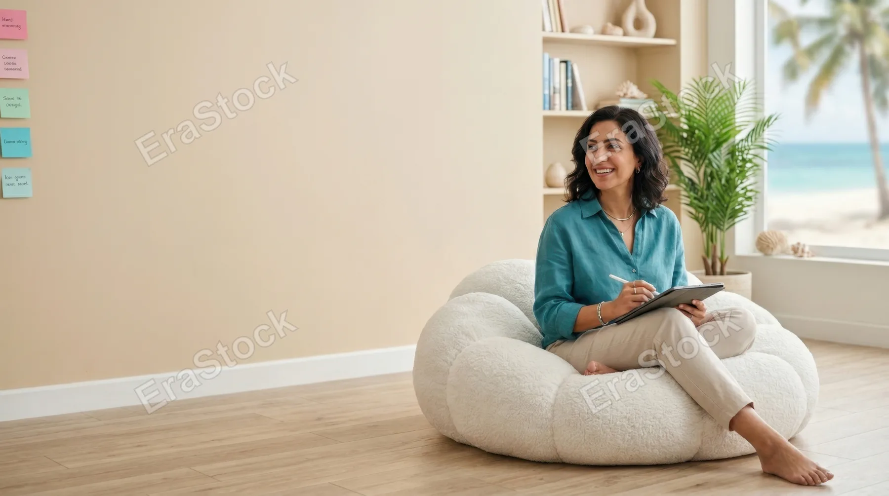 in a clean graphic composition, showcase a medium shot of a 45-year-old middle-eastern female project manager seated on a cloud-like cushion against an array of colorful