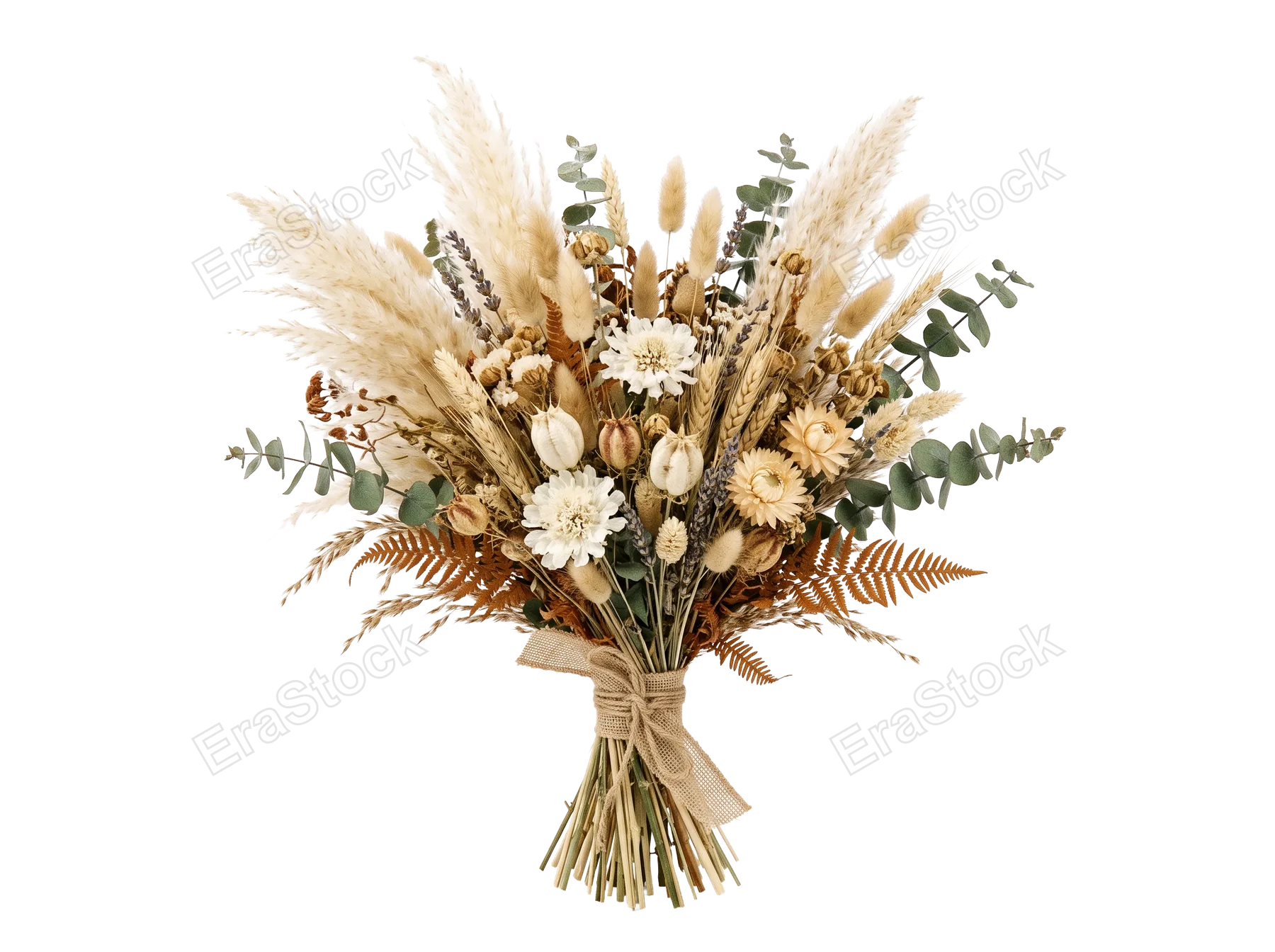 A rustic arrangement of dried flowers, grasses, and ferns tied with burlap, perfect for natural home decor