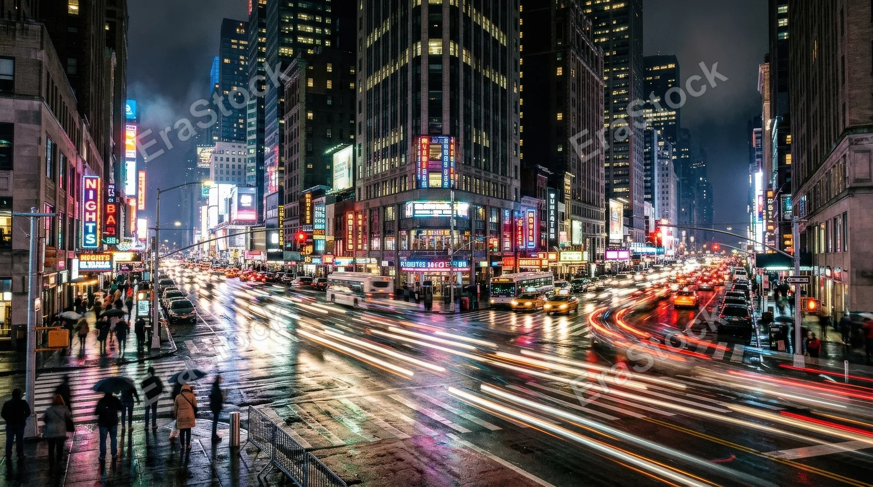 A busy city intersection at night captured in dynamic motion, glowing traffic streams, neon reflections on wet asphalt, towering buildings, electric urban energy, fast-paced metropolitan atmosphere,