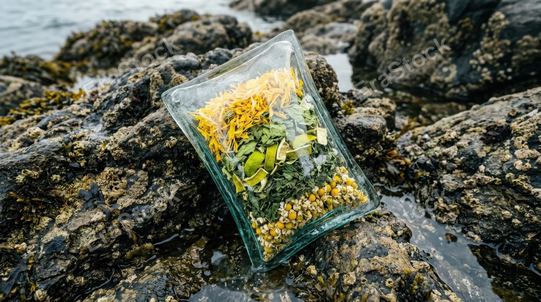 an overhead angle provides a distinct view of the sachet atop the tidal rocks, showcasing the layered arrangement of vibrant herbs and the unique texture of the glass