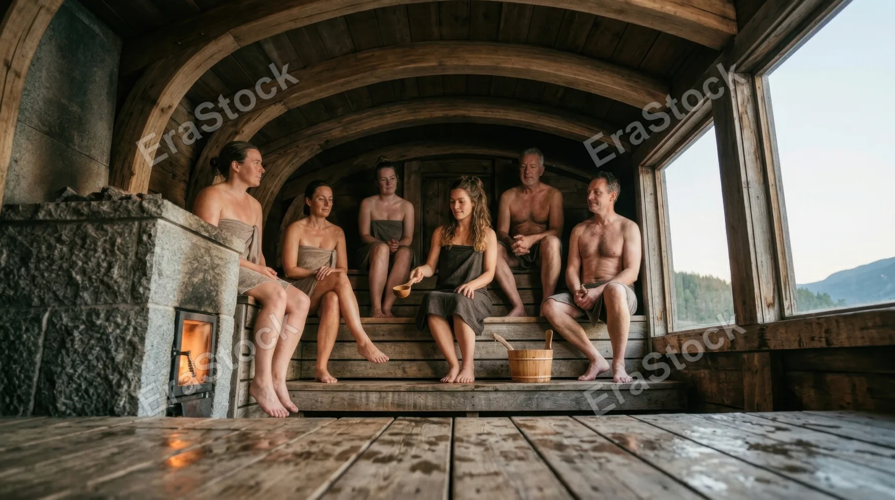 from a low-angle perspective, the 30-year-old caucasian female wellness coach is depicted among participants in a sauna session on a wooden boat, with rustic beams