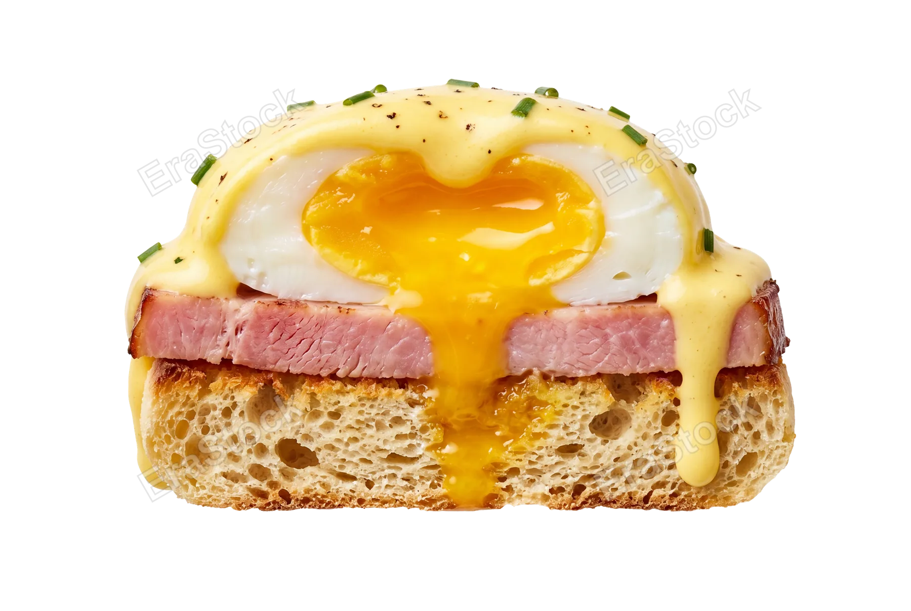 Classic eggs benedict cross-section showing layered composition: toasted English muffin with visible crumb texture, pink cured ham, two poached eggs with