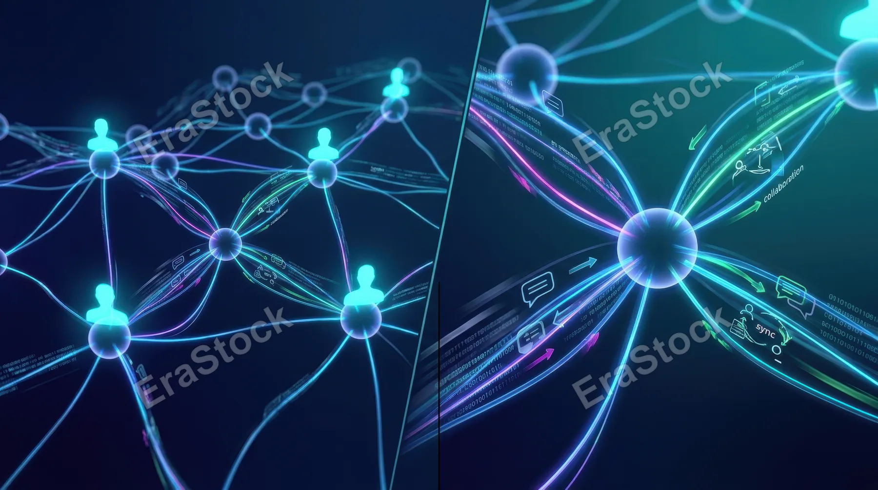 Split-screen digital visualization showing network nodes connected by glowing lines forming an organic web pattern, abstract human silhouettes at connection points