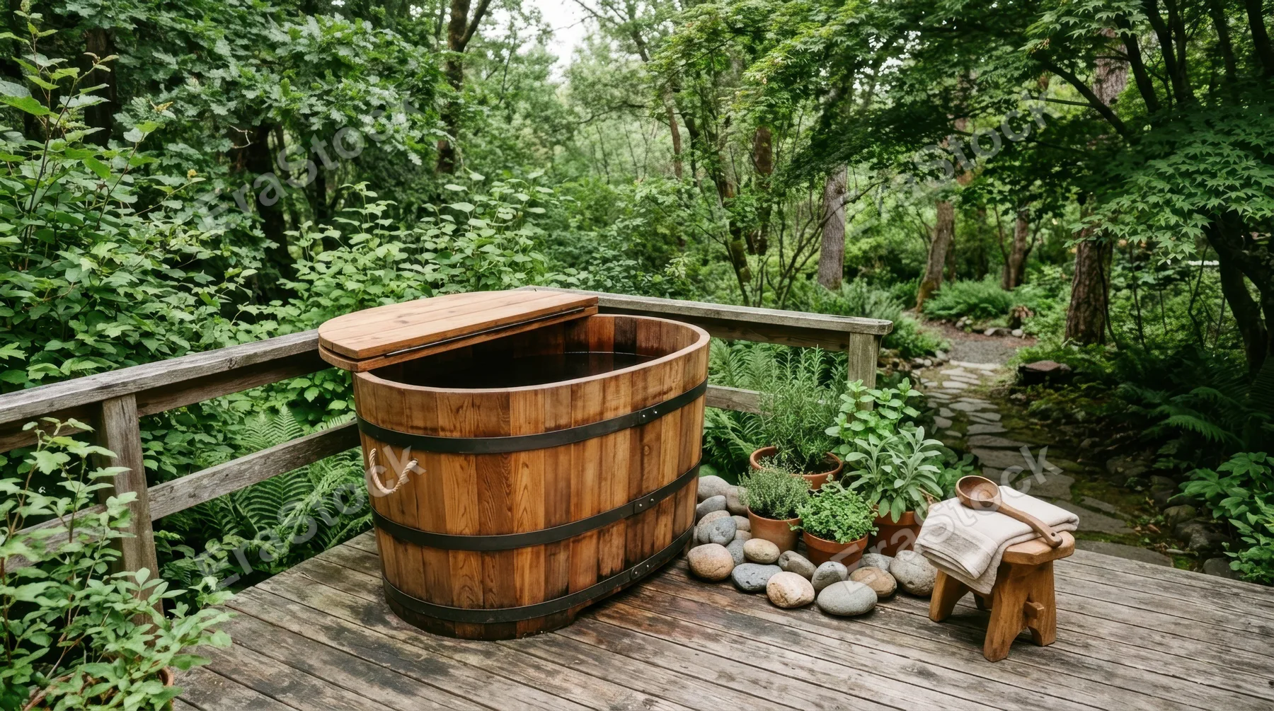 a cedar plunge barrel sits prominently on a weathered wooden deck, framed by lush green foliage filtering sunlight that casts gentle dappled shadows across the scene. the