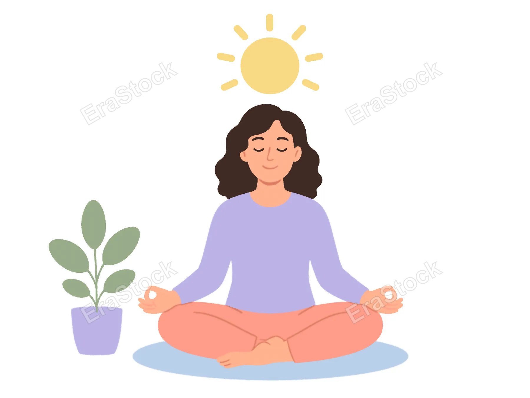 A serene woman sits in a lotus position, eyes closed, with a gentle smile, symbolizing mindfulness and tranquility in a bright, sunlit environment