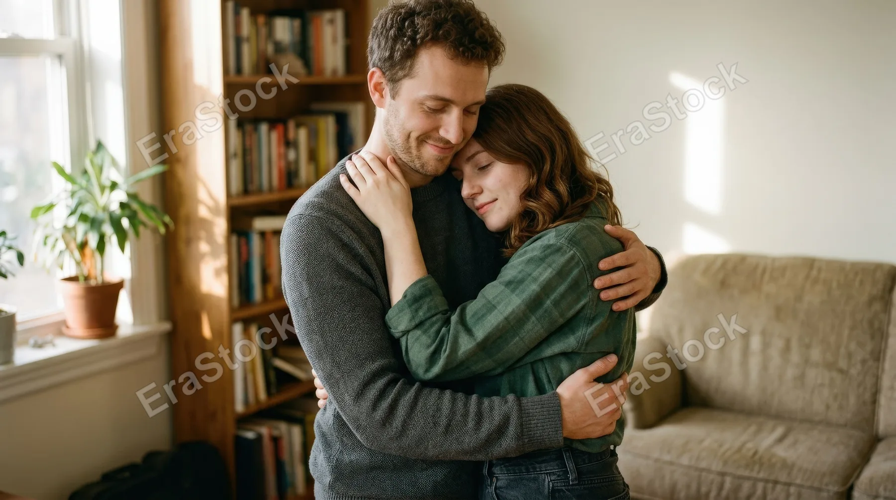 A quiet embrace between two people deeply in love, close bodies and softened smiles, subtle fabric textures, warm ambient light and a heartfelt peaceful atmosphere, ultra-realistic, no logos.
