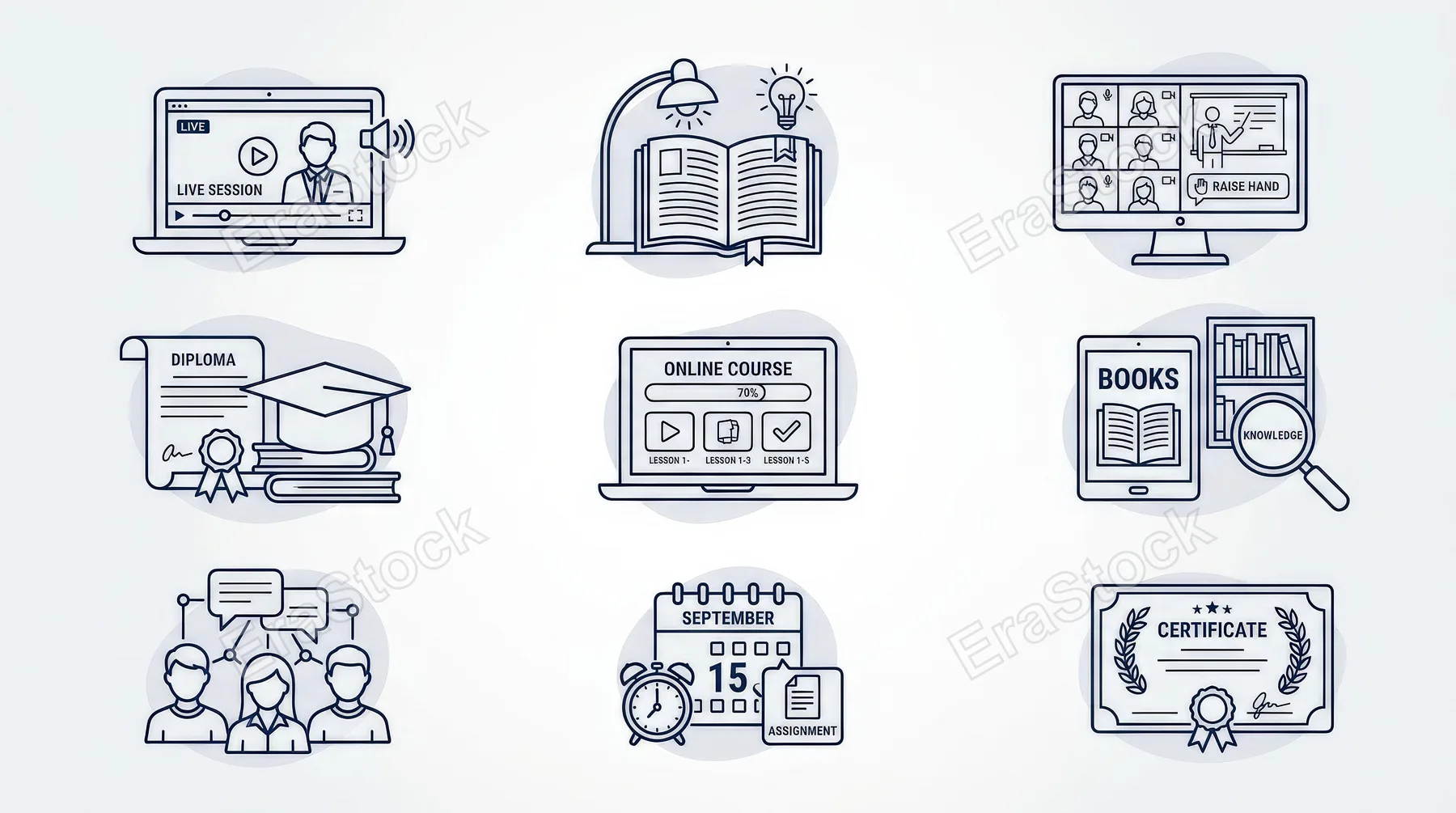 An online education icon set with e-learning, study, laptop and academic symbols in editable stroke style, focused digital classroom atmosphere, ultra-realistic, no logos.