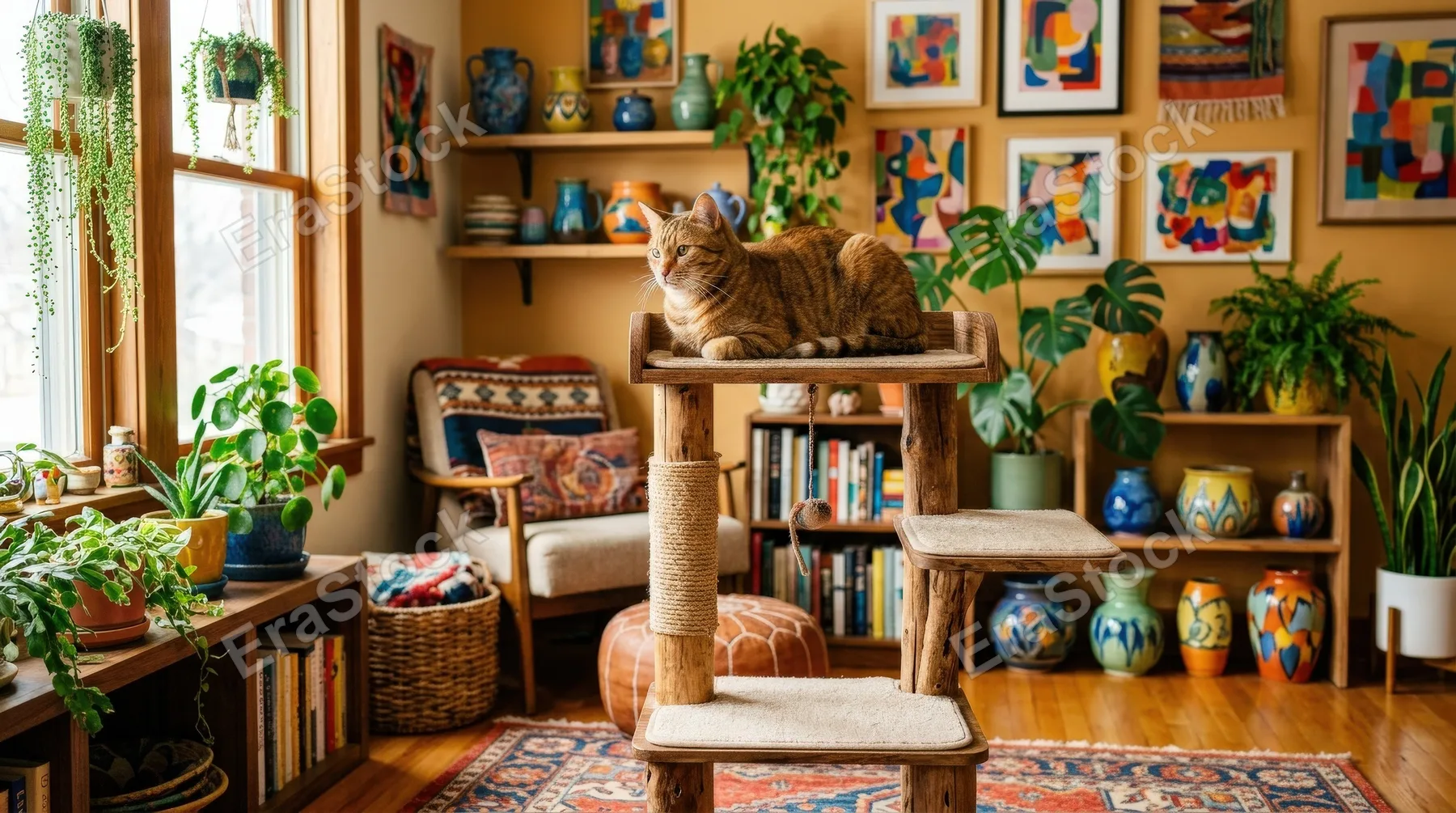 A cat perched on a cat tree in a cozy room with colorful pottery, plants and abstract decor, warm tones, playful home atmosphere, ultra-realistic, no logos.
