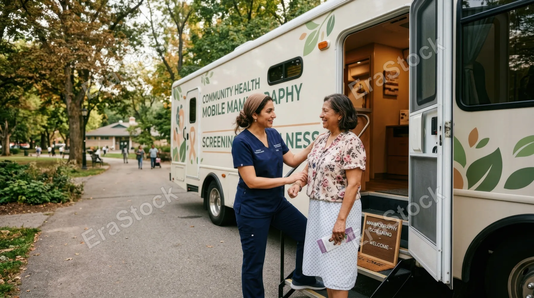 a mobile mammography clinic parked in a community space, featuring a 38-year-old middle eastern female technologist gently preparing a patient for a screening, creating a