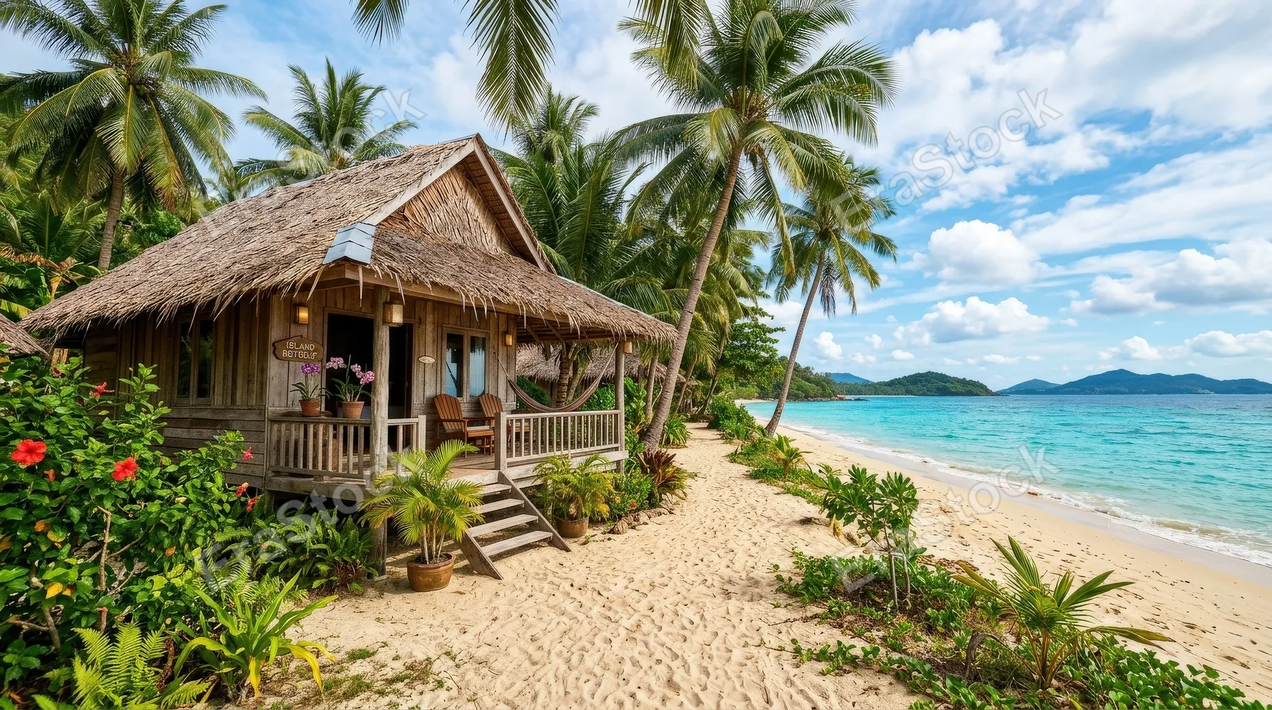 A beachfront bungalow with palm trees and a sandy path, bright island setting, simple tropical architecture and inviting coastal warmth, ultra-realistic, no logos.