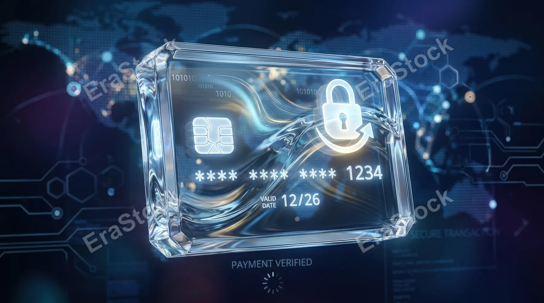 A transparent credit card icon in liquid glass, sleek crystal edges, subtle reflections and a secure online-payment atmosphere, ultra-realistic, no logos.
