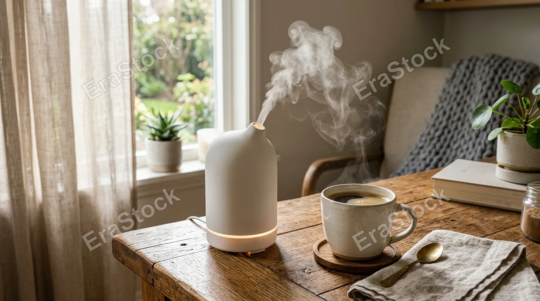 A white aroma diffuser releasing soft steam beside a cup of coffee on a wooden table, warm textures, gentle mist, calm morning light, soothing cozy atmosphere, ultra-realistic, no logos.