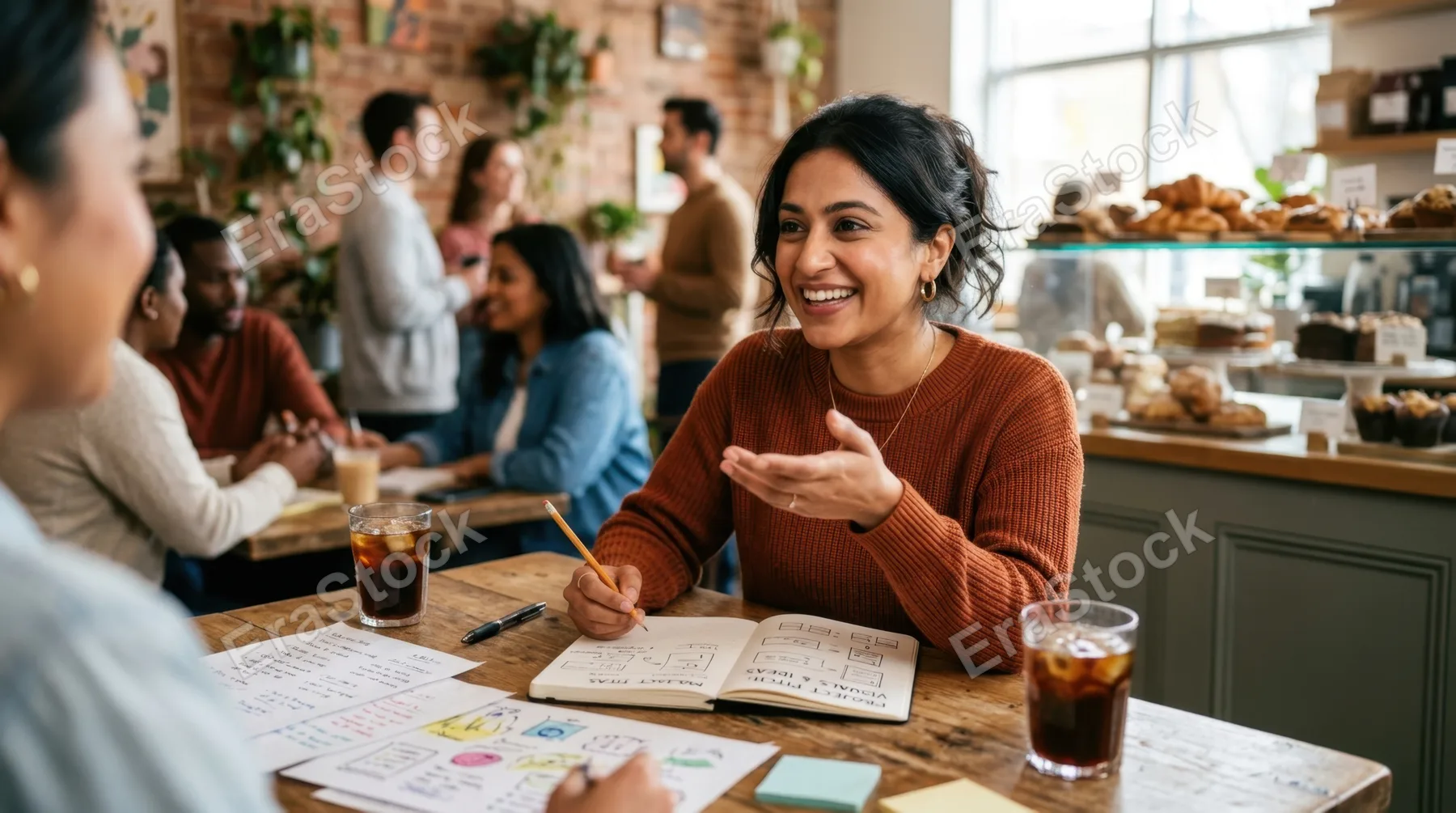 a 30-year-old south asian female team leader with a warm smile engages in a brainstorming session amid a creative pitch setup. in the foreground, printed notes and