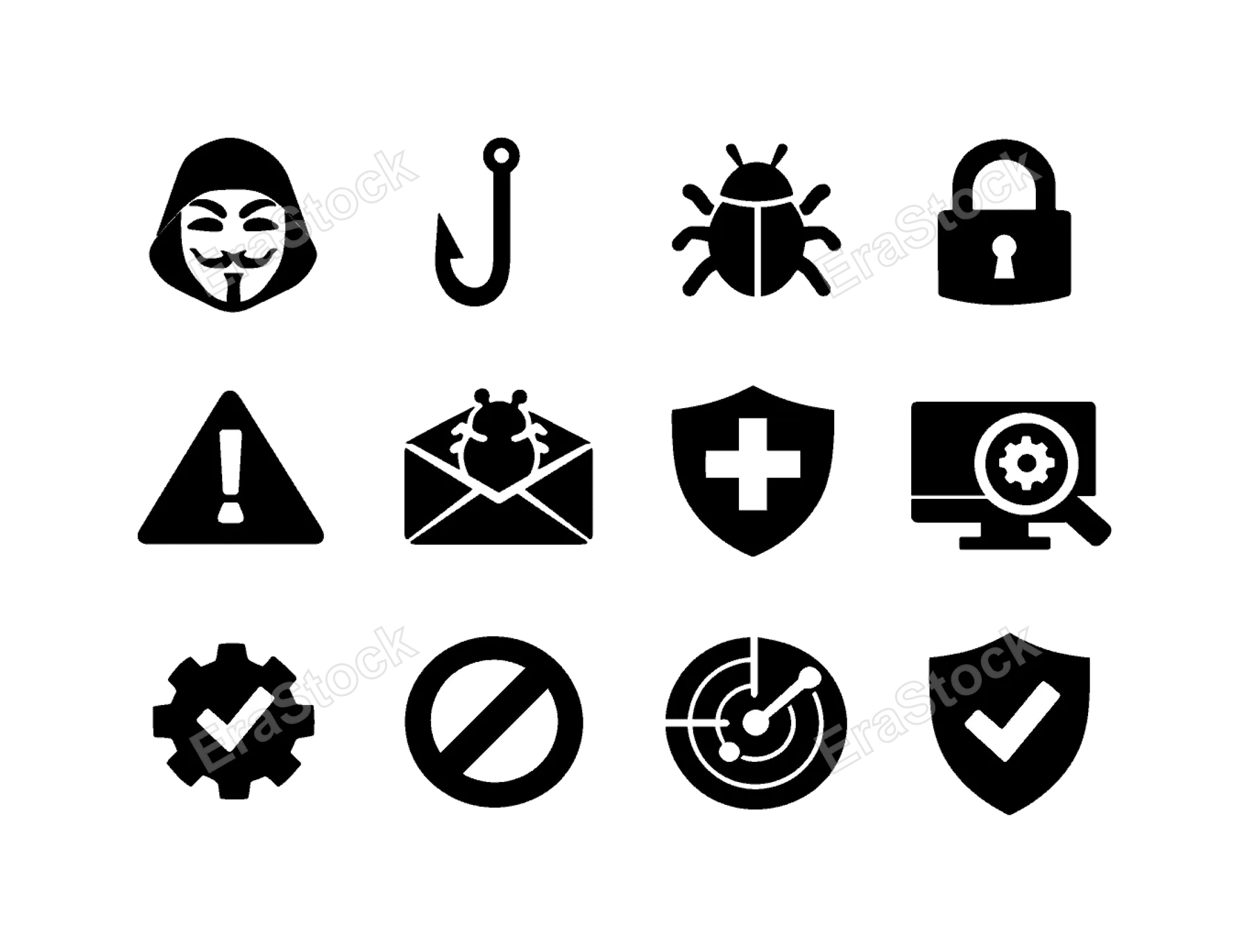 Cyber threats and defense: hacker mask, phishing hook, malware bug, ransomware lock, data breach alert, suspicious email, shield defense, system scan, security patch,