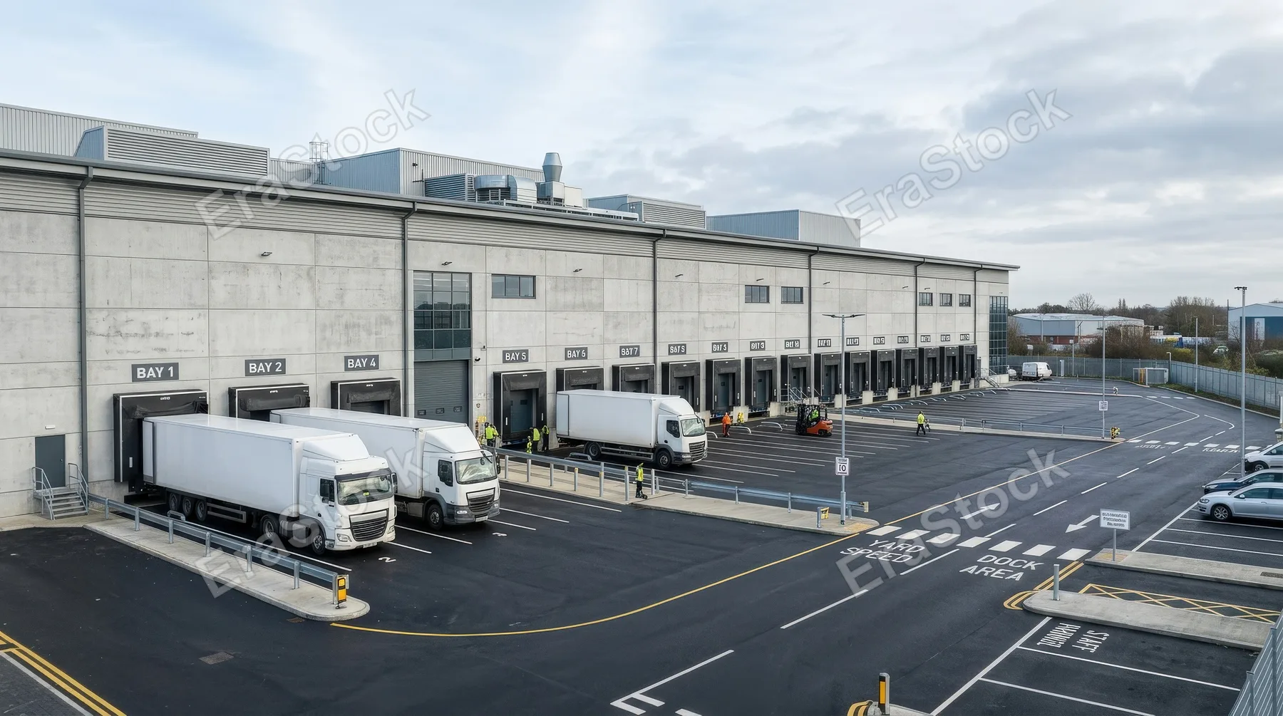 A modern industrial warehouse exterior with multiple loading bays, clean concrete facade, delivery docks, wide asphalt yard, functional logistics architecture, cool daylight, efficient professional
