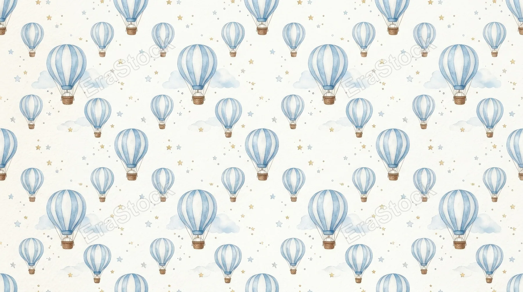 A seamless watercolor pattern of blue striped hot air balloons and tiny stars, airy nursery design with soft whimsical motion, ultra-realistic, no logos.