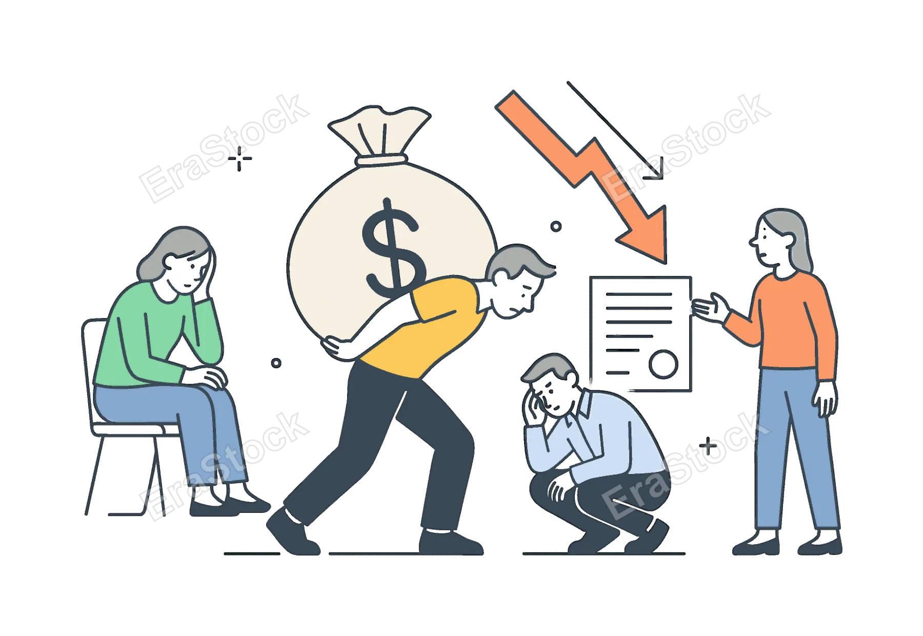 Financial stress and debt management in a personal or business context where individuals struggle to handle repayments and obligations, represented by a clear visual