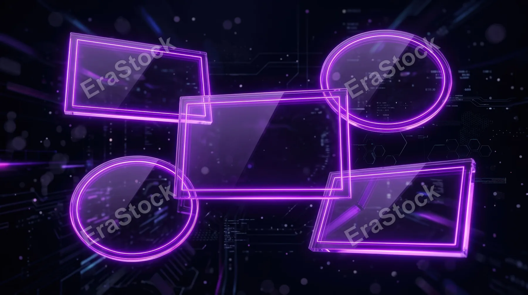 A set of glowing purple glass frames on a dark background, luminous rectangular and oval borders, sleek neon reflections, futuristic digital atmosphere, ultra-realistic, no logos.