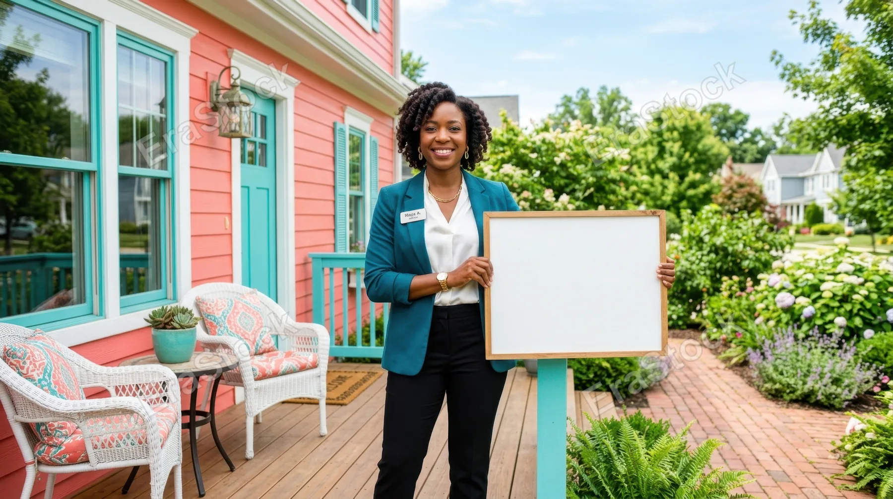 a 35-year-old black female realtor stands confidently in front of a vibrant suburban house, holding a blank sign for customizable branding. the patio features a lively