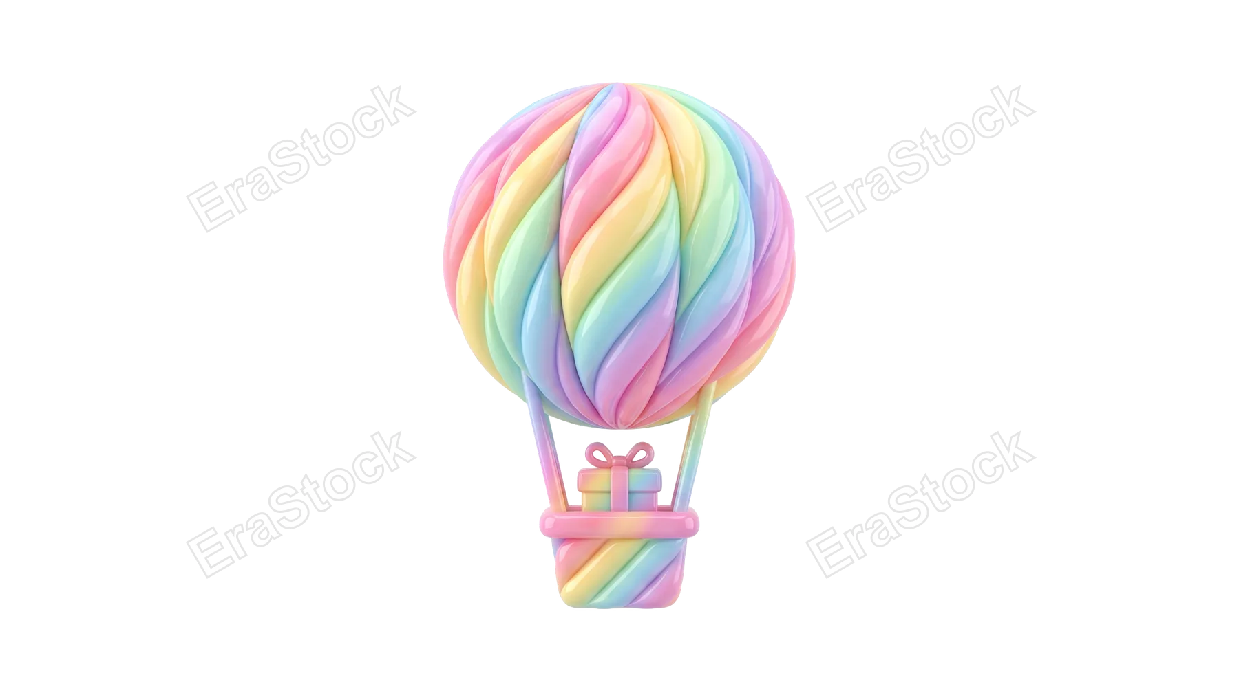 A delightful 3D rendering of a hot air balloon with a pastel rainbow swirl design, carrying a small gift, evoking joy and festivity