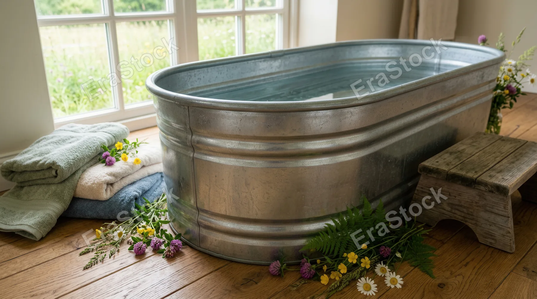 a distinctive low angle perspective of the galvanized cold plunge tub surrounded by soft towels and fresh meadow flowers. the composition highlights the colorful details